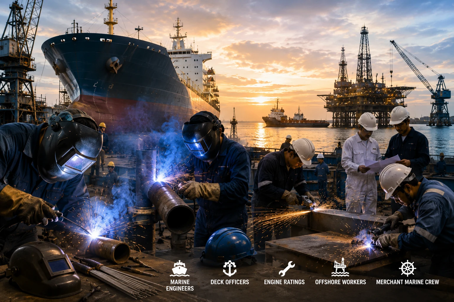 Marine welders, shipyard personnel, and offshore workers performing practical welding tasks